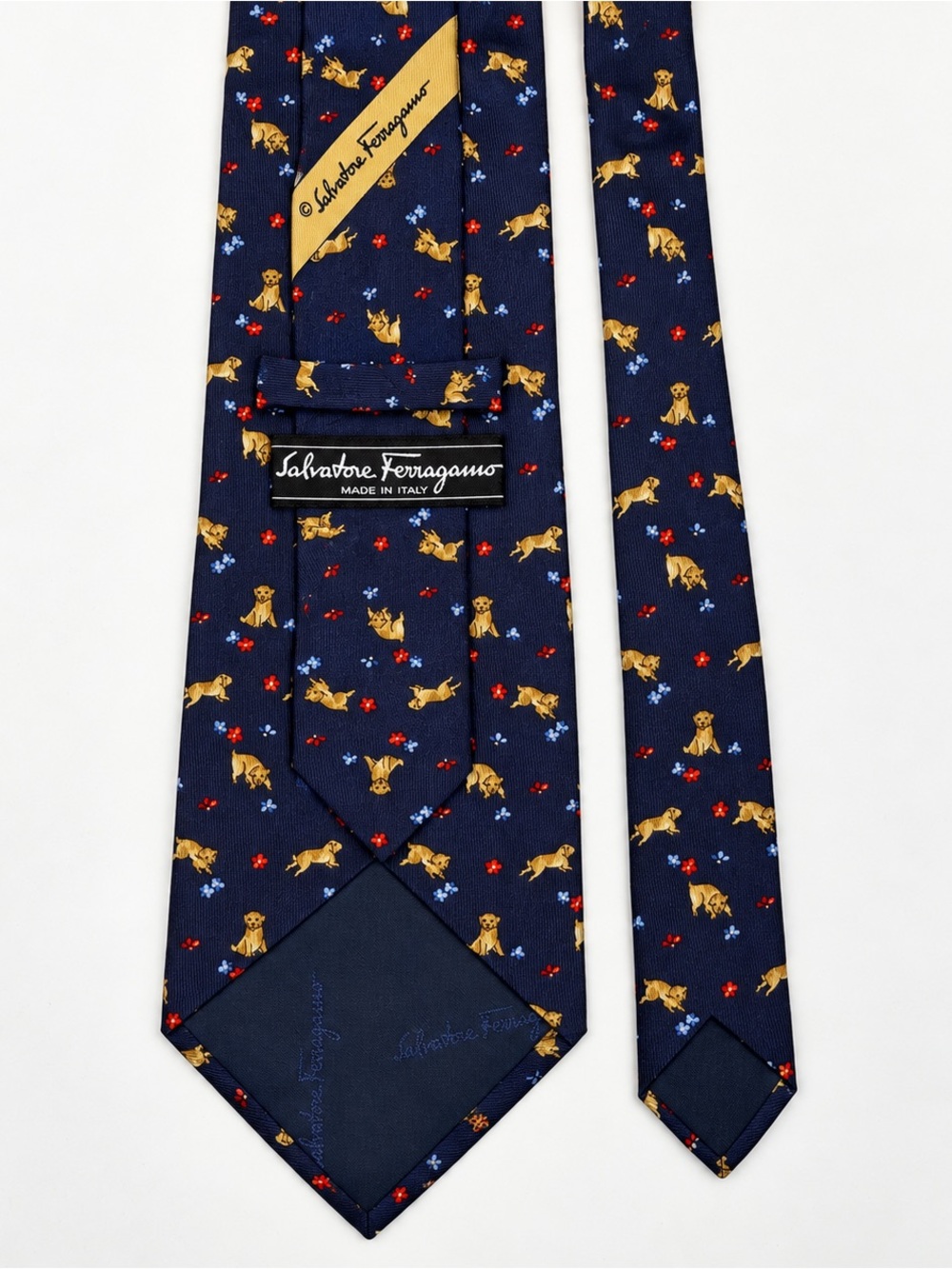 Salvatore Ferragamo Navy Silk Tie with Gold Dog Motif